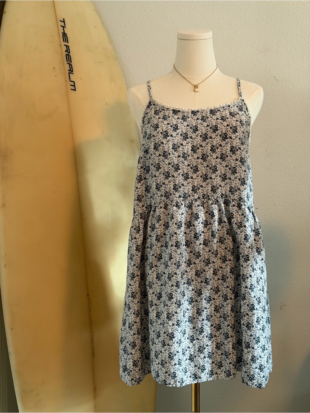 Floral Spaghetti-Strap Sundress in Navy and White